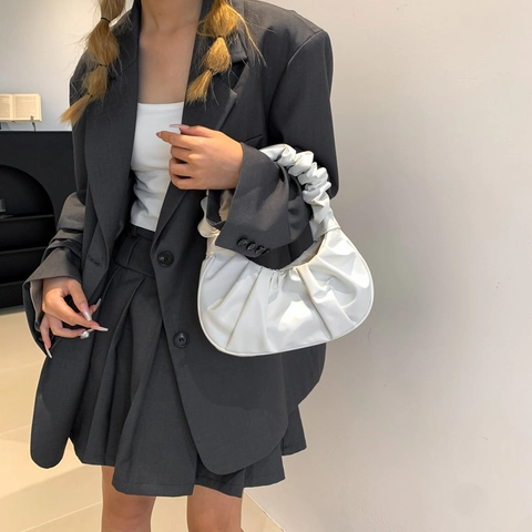Borsa a Mano a Mezzaluna Arricciata da Donna in Pelle PU Borsa a Tracolla Minimalista Tinta Unita Casual Versatile Baguette