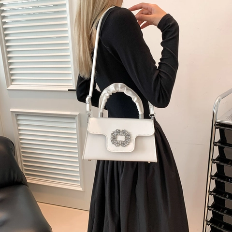 Fashion PU Leather Shoulder Bag Rhinestone Buckle Ruched Handle Square Crossbody Handbag Daily Street Accessory For Women