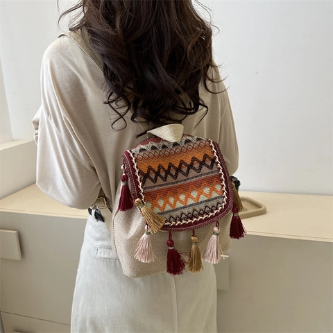 Bohemian Ethno-Stickerei Fransen Segeltuch Rucksack Für Damen Klein Retro Kordelzug Mode Reisen Urlaub Mini Schultertasche