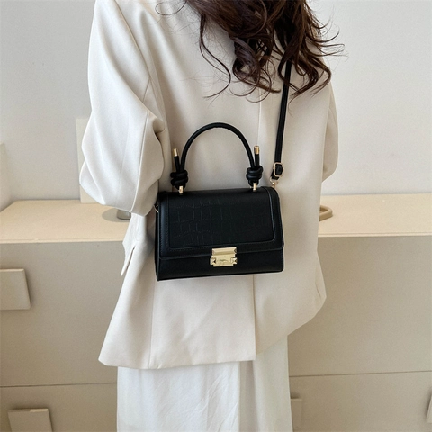 Sac à Bandoulière Carré Rétro pour Femmes en Cuir PU Motif Crocodile Poignée à Nœud Sacoche Messager Fermoir Métallique Sac à Main