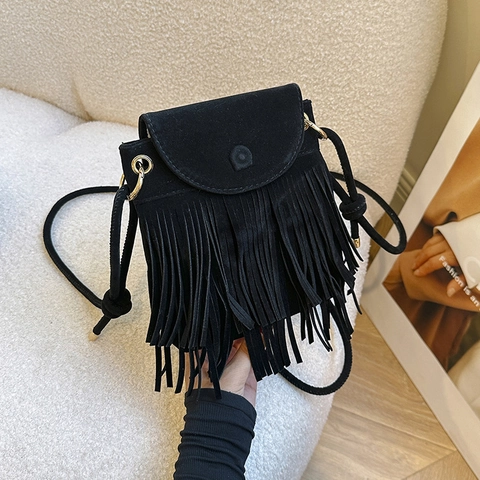 Sac Bandoulière en Suède pour Femmes avec Glands Vintage Bohémien Petit Sac à Main à Franges Mode Quotidienne Voyage