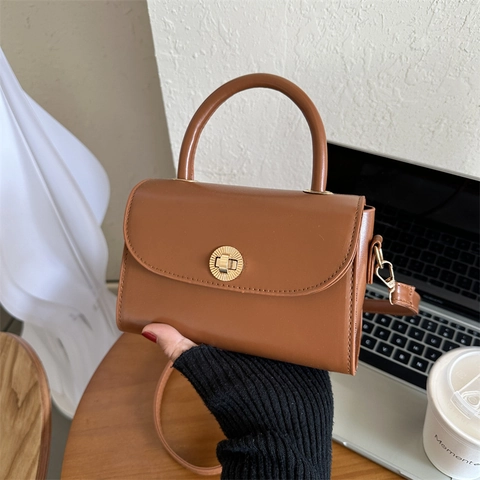 Damen Vintage PU Leder Umhängetasche Kleine Quadratische Handtasche Mit Rundem Metallschloss Handheld Schultertasche Für Tägliche Mode