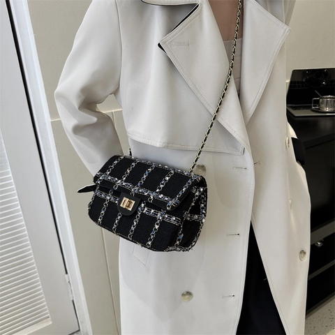 Women Tweed Plaid Shoulder Bag Elegant Chain Crossbody Bag Small Square Bag Handbag For Daily Travel Work Fashion Purse