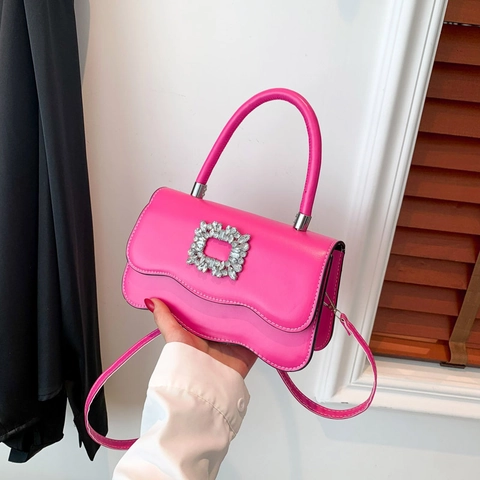 Borsa a Tracolla da Donna con Bordo Festonato e Fibbia Quadrata in Strass Piccola Borsa a Mano in Pelle PU alla Moda