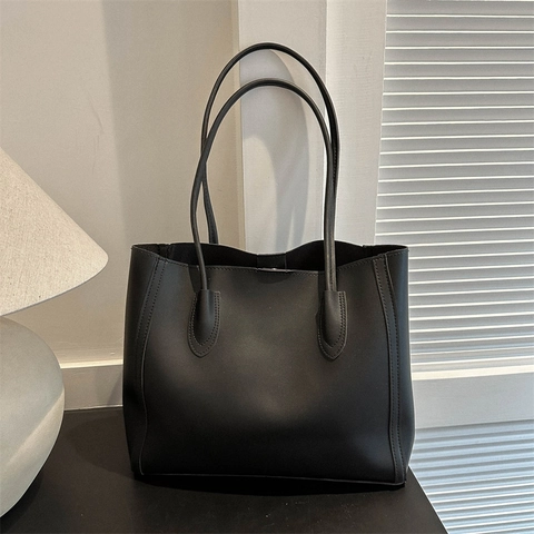 Bolso Tote de Cuero PU Vintage para Mujer Gran Capacidad Minimalista Tendencia Callejera Bolso de Hombro Conmutar Color Sólido