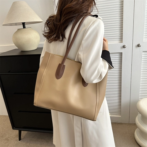 Bolso Tote de Cuero PU Vintage para Mujer Gran Capacidad Minimalista Tendencia Callejera Bolso de Hombro Conmutar Color Sólido