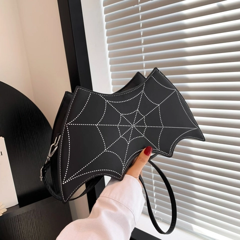 Sac Bandoulière Gothique pour Femme Forme de Chauve-souris Halloween Toile d'Araignée Cœur Couture Cuir PU Noir Sac à Main