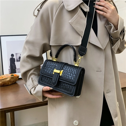 Bolso Cuadrado Pequeño con Textura Tejida para Mujer Bolso de Hombro Cruzado de Cuero PU Vintage de Color en Contraste