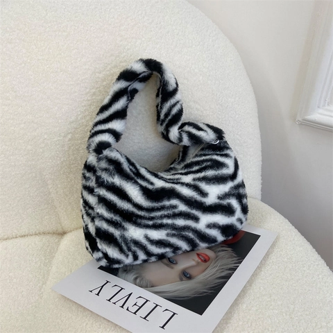 Borsa Sottobraccio in Tela alla Moda per Donna con Consistenza Peluche Zebra Leopardo Borsa a Tracolla Morbida alla Moda per l'Autunno Inverno