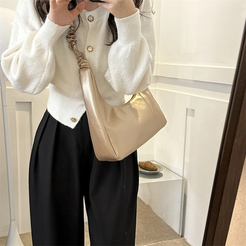 Borsa Sottobraccio Donna con Tracolla Arricciata in Pelle PU Hobo Borsa a Spalla con Fiocco Moda Casual Borsa a Tracolla
