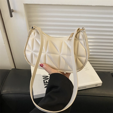 Bolso de Axila Acolchado Geométrico para Mujer Cuero PU Minimalista Media Luna Bolso de Hombro Color Sólido Elegante Diario