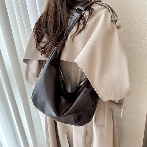 Borsa a Spalla da Donna in Pelle PU di Grande Capacità Borsa Hobo Minimalista Vintage Borsa Sottobraccio Retrò per Pendolarismo Quotidiano Borsa alla Moda