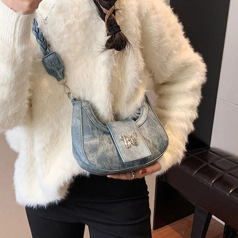 Damen Mode PU Leder Halbmond-Tasche Schmetterlings-Schnalle Geflochtener Riemen Einfache Lässige Schultertasche Achseltasche