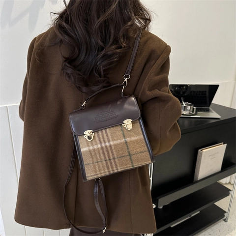 Britischer Vintage Plaid Patchwork Rucksack Für Damen Retro PU Leder Große Kapazität Reise Schultasche Pendeltasche