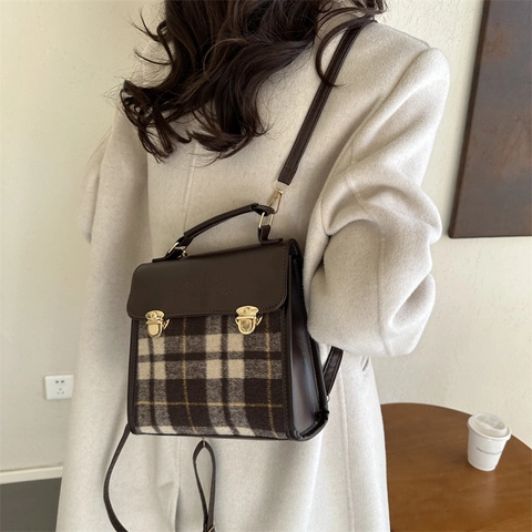 Britischer Vintage Plaid Patchwork Rucksack Für Damen Retro PU Leder Große Kapazität Reise Schultasche Pendeltasche