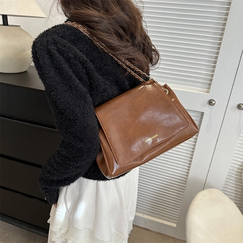 Bolso Tote de Cuero PU Vintage para Mujer Gran Capacidad Retro Urbano Bolso de Hombro Moda Viaje Diario Bolso de Mano con Cadena