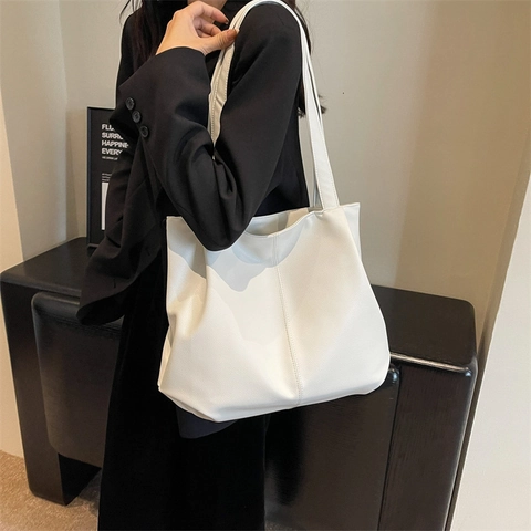 Bolso Tote de Cuero PU de Gran Capacidad Vintage para Mujer Diseño Minimalista Color Sólido Costuras Diario Viajero