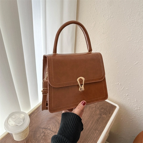 Retro PU Leather Small Square Bag For Women Vintage Shoulder Crossbody Bag With Golden Buckle Daily Top Handle Handbag