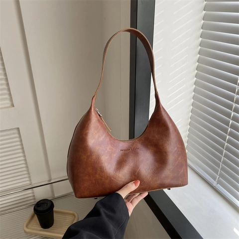 Bolso Hobo de Axila Vintage de Cuero PU para Mujer Casual Elegante Bolso de Hombro de Media Luna Cierre de Cremallera Color Sólido
