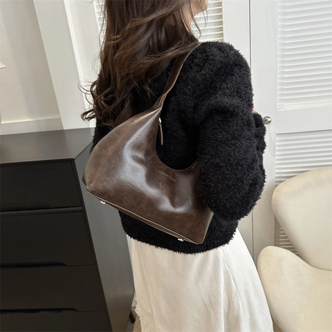 Bolso Hobo de Axila Vintage de Cuero PU para Mujer Casual Elegante Bolso de Hombro de Media Luna Cierre de Cremallera Color Sólido