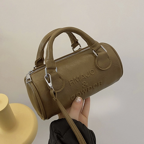 Borsa a Spalla Cilindrica in Pelle PU Vintage per Donna Lettere a Rilievo Borsa Boston Minimalista Retro Borsa a Tracolla Street Style
