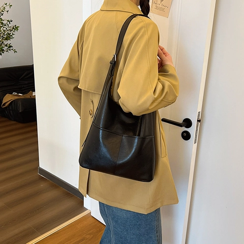 Bolso Tote de Gran Capacidad para Mujer Cuero PU Retro Bolso de Hombro Color Sólido Bolso Hobo Correa Ajustable Bolso de Mano