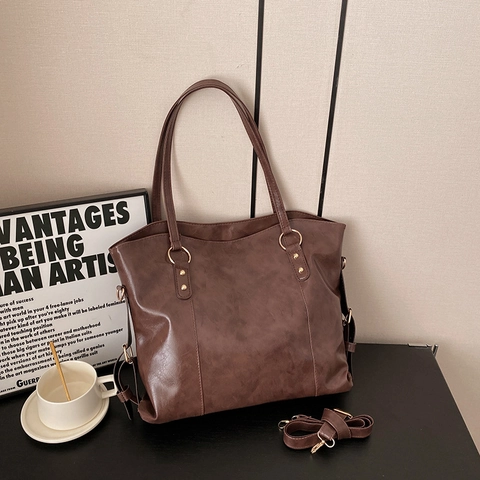 Large Capacity PU Leather Tote Bag For Women Casual Solid Color Shoulder Bag Fashion Retro Top Handle Bag Office Handbag