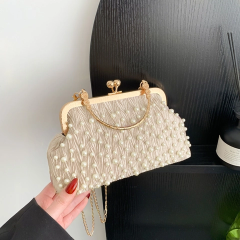 Borsa da Sera Plissettata con Perle da Donna Borsa a Conchiglia Vintage Catena d'Oro Borsa a Tracolla per Matrimonio Festa Elegante