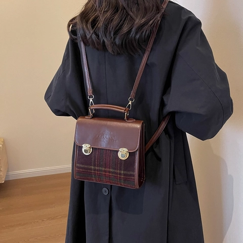 Women British Retro Plaid Splicing Shoulder Bag PU Leather Fashion Large Capacity Small Square Bag Elegant Commuter Handbag
