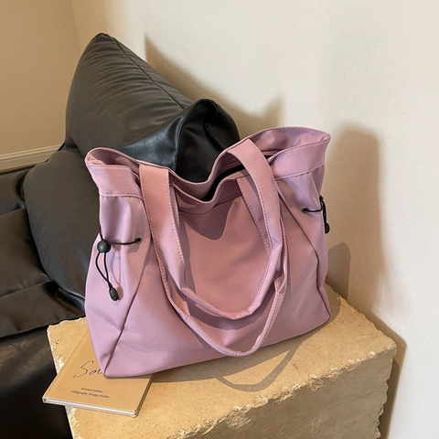 Bolso Tote de Lona para Mujer de Gran Capacidad Elegante Cordón Lateral Bolso de Hombro Versátil Bolso de Mano para Viaje Color Sólido