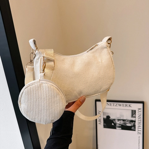 Sac Sous le Bras en Velours Côtelé Vintage pour Femmes Sac à Épaule Nervuré Minimaliste Avec Porte-Monnaie Rond Ensemble 2 en 1