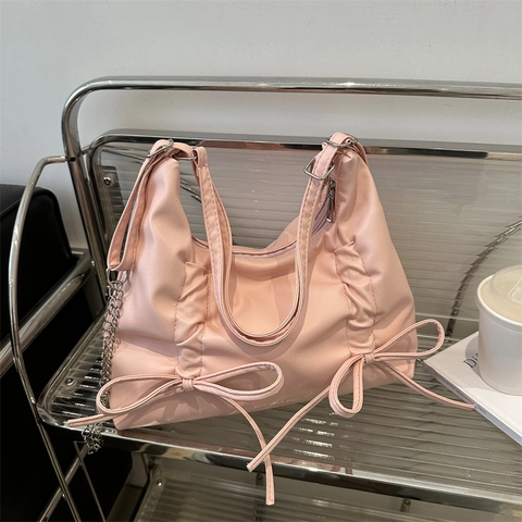 Women Fashion PU Leather Ruched Shoulder Bag With Bow-Knot Decor Metallic Hobo Bag Large Capacity Tote For Daily Use