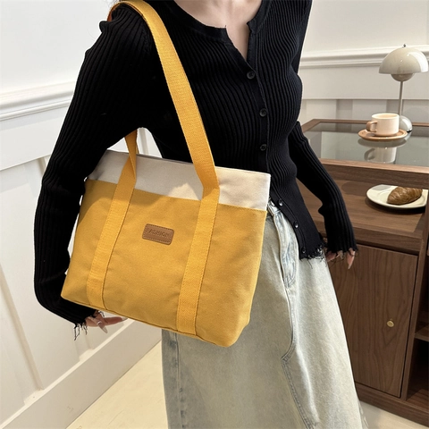 Moda Casual Bolsa Tote de Lona Gran Capacidad Bloque de Color Bolso de Hombro para Mujer Compras Diarias Bolso de Mano
