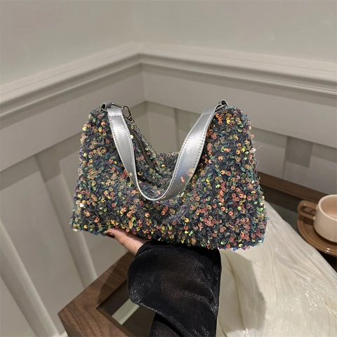 Iridescent Sequin Shoulder Bag For Women Fashion Shiny Underarm Bag Sparkling Party Purse Chain Tote Bag Wedding Banquet Bag
