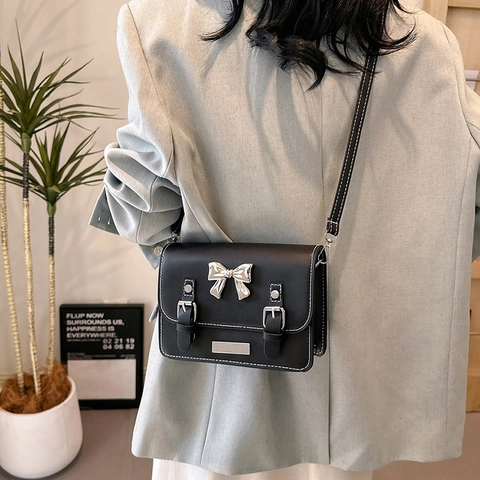 Bolso Bandolera Coreano para Mujer con Lazo Color de Contraste Cuero PU Vintage Dulce Mini Bolso Cuadrado para Citas Diario