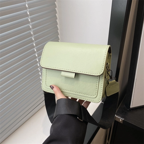 Fashion Women PU Leather Small Square Shoulder Bag Wide Strap Crossbody Bag Korean Style Casual Texture Solid Color Handbag
