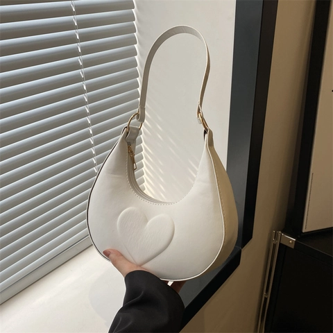 Women Fashion Heart Embossed Crescent Shoulder Bag PU Leather Hobo Underarm Bag Elegant Commuter Crossbody Purse Daily Handbag