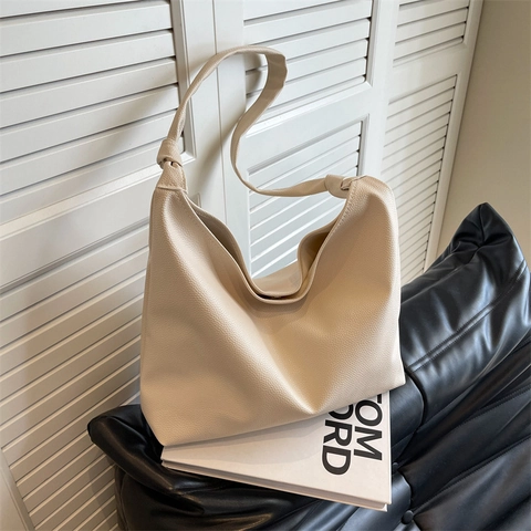 Bolso Tote de Cuero PU para Mujer Gran Capacidad Patrón de Lichi Bolso de Hombro Color Sólido Detalle de Nudo Trabajo