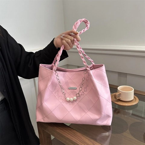 Bolso Tote de Cuero PU Acolchado de Diamante de Moda para Mujer Bolso de Hombro de Gran Capacidad con Decoración de Cadena de Perlas Artificiales y Asa Trenzada