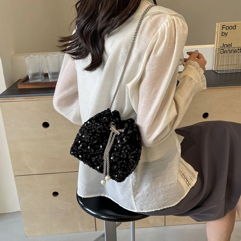 Bolso Bombonera de Lentejuelas de Moda para Mujer Con Correa de Cadena de Metal Y Decoración de Perlas Artificiales Elegante Bolso de Noche para Fiesta