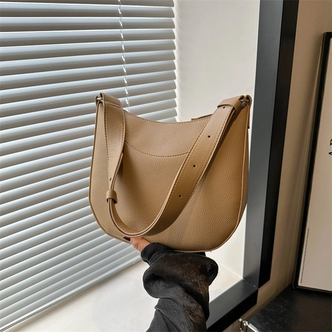 Bolso de Hombro Hobo Minimalista de Cuero PU para Mujer Textura Lichi Correa Ajustable Color Sólido Bolso Sobaco de Media Luna