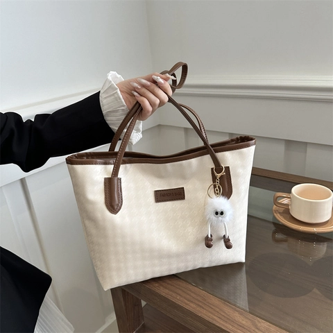 Dames Grote Capaciteit Tote Bag Hahnentritt Geometrische PU Leer Schoudertas Casual Handtas Met Pluche Hanger
