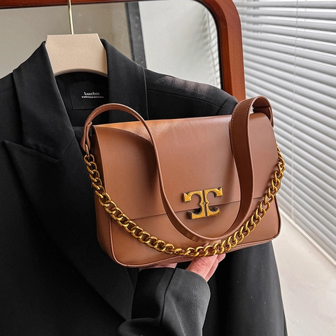 Damen Stilvolle PU Leder Schultertasche Mit Goldkette Und Doppel T Schloss Mode Minimalistisch Quadratische Klappe Umhängetasche