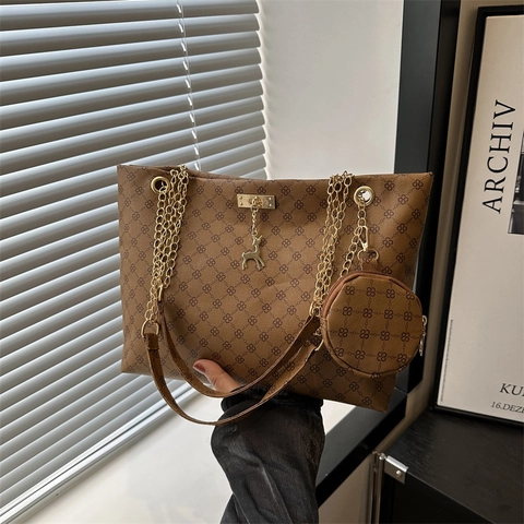 Borsa Tote Vintage in Pelle PU a Grande Capacità Con Stampa Monogramma Tracolla a Catena Ciondolo a Cervo e Portamonete