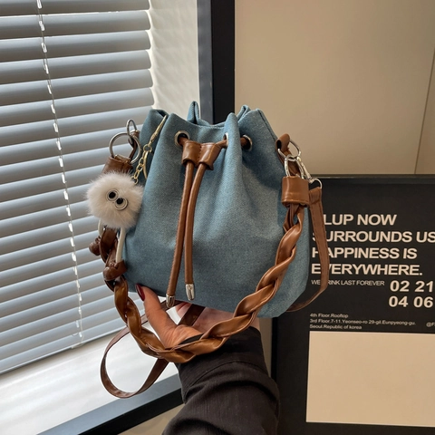 Borsa a Secchiello in Denim Casual da Donna Con Manico Intrecciato Coulisse Piccola Borsa a Tracolla in Denim Per Viaggi Quotidiani Borsa alla Moda