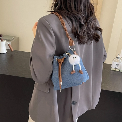 Borsa a Secchiello in Denim Casual da Donna Con Manico Intrecciato Coulisse Piccola Borsa a Tracolla in Denim Per Viaggi Quotidiani Borsa alla Moda