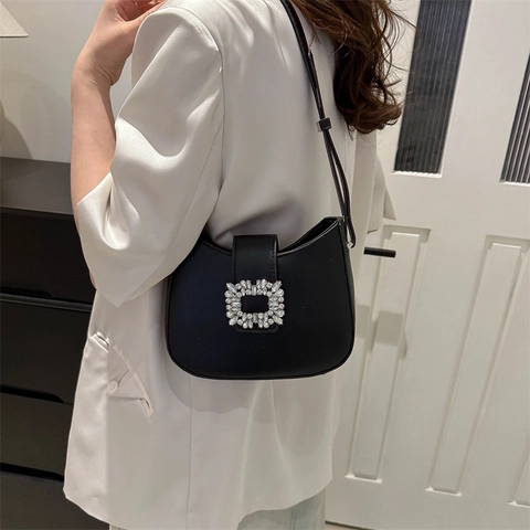 Borsa Sottobraccio in Pelle PU da Donna Con Fibbia in Strass Borsa a Tracolla Hobo a Mezzaluna Borsa Baguette Estetica