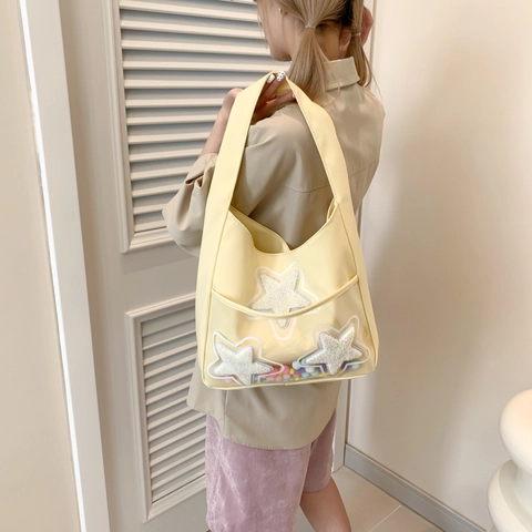 Borsa Tote in Tela in Stile Giapponese Per Donna Borsa a Tracolla di Grande Capacità Con Tasca Trasparente in PVC E Pompon Colorati