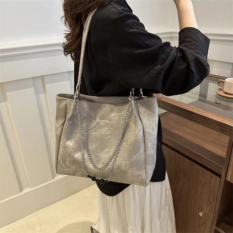 Damen Große Kapazität Tote Bag Retro Minimalistische PU Leder Umhängetasche Mit Metallkette Perlen Dekor Trendy Casual Handtasche