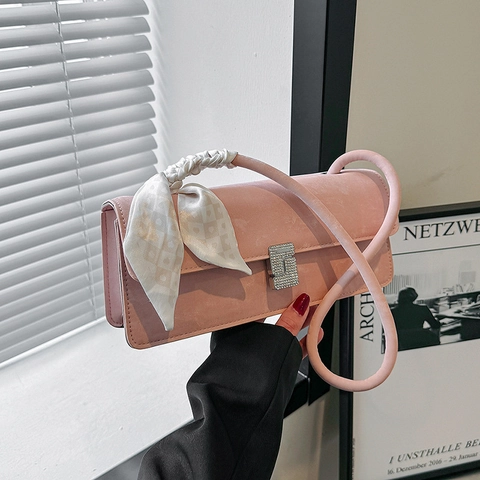 Borsa a Sottobraccio da Donna Baguette in Pelle PU con Fibbia in Strass Borsa a Spalla con Foulard di Seta Grande Capacità
